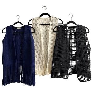 Vintage Knit Cardigan 3 Vests Womens OS Crocheted Large Hole Knit Boho Hippie